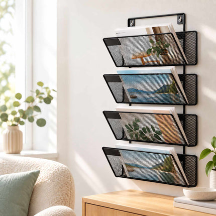 Wall-Mounted Magazine Holder with 4 Tiers, Black Iron, Screws Included