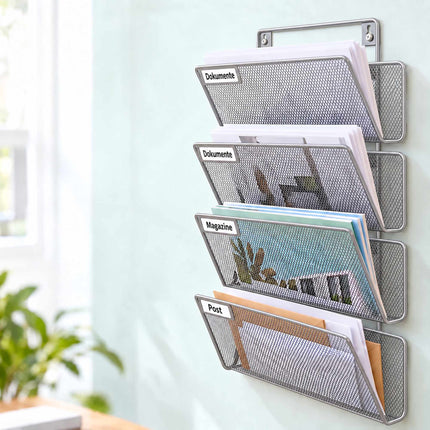 Wall-Mounted Magazine Holder with 4 Tiers, Silver Iron, Screws Included