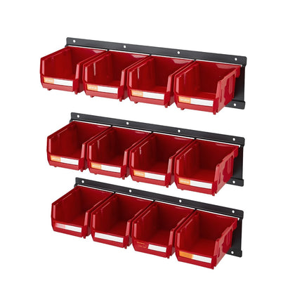 Wall-Mounted Storage Bins, 12-Pack With 3 Rails, Red