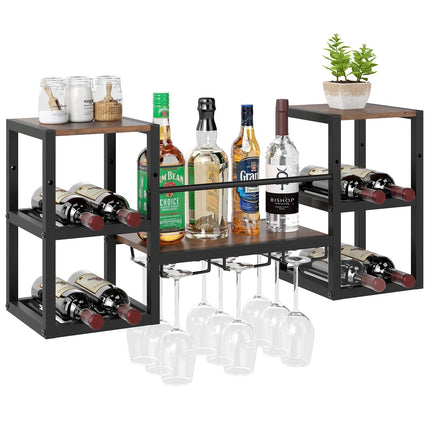 Suport de vinuri montat pe perete cu suport pentru pahare, 8 sticle, maro rustic