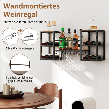 Suport de vinuri montat pe perete cu suport pentru pahare, 8 sticle, maro rustic