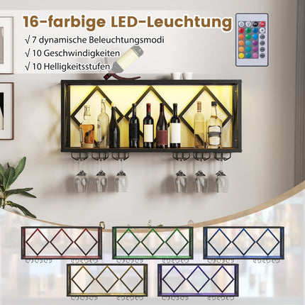 Suport de vinuri montat pe perete cu LED și suporturi pentru pahare