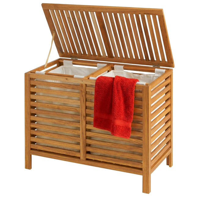 Coș de rufe din lemn de nuc, 150 l, 2 compartimente