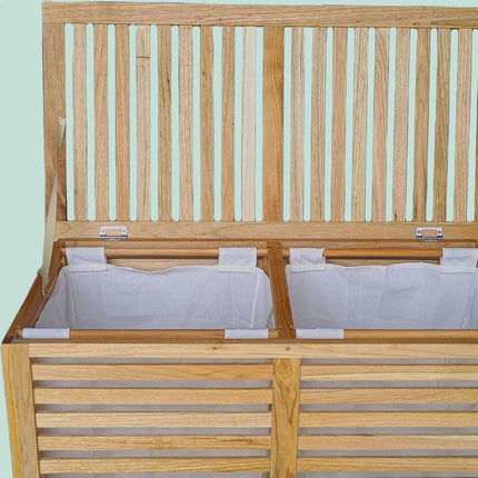 Coș de rufe din lemn de nuc, 150 l, 2 compartimente