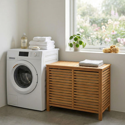 Coș de rufe din lemn de nuc, 150 l, 2 compartimente