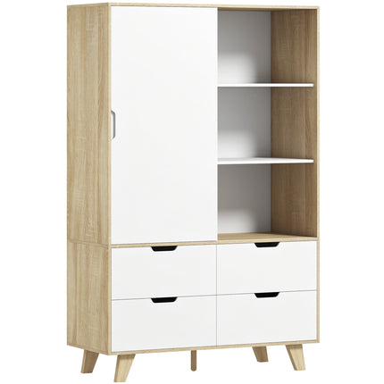 Wardrobe with Sliding Doors, Clothes Rail and 4 Drawers, Oak Look, White