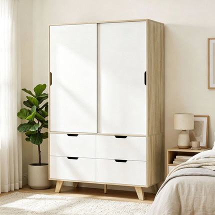 Wardrobe with Sliding Doors, Clothes Rail and 4 Drawers, Oak Look, White