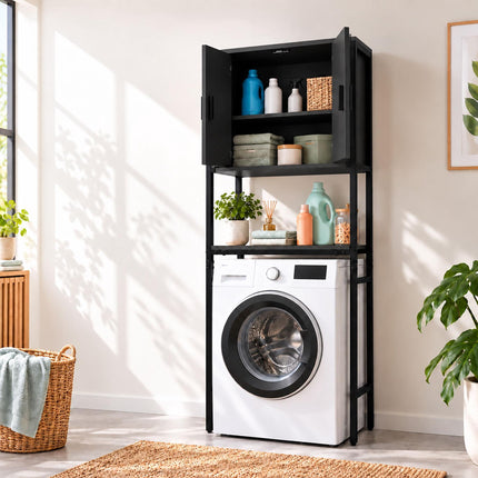 Washing Machine Cabinet with 2 Compartments – Black, 170 x 64 x 27 cm