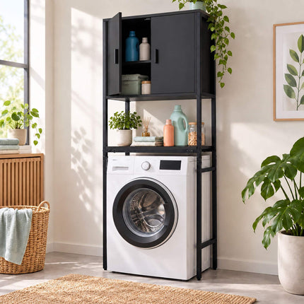 Washing Machine Cabinet with 2 Compartments – Black, 170 x 64 x 27 cm