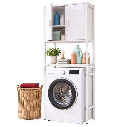 Washing Machine Cabinet with 2 Compartments – White, 170 x 64 x 27 cm