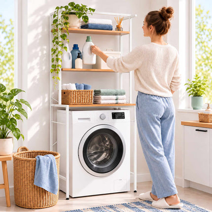 Washing Machine Shelf with 3 Shelves, 161 x 66 x 40 cm, White, Natural Wood Tone