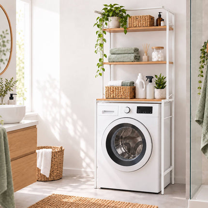 Washing Machine Shelf with 3 Shelves, 161 x 66 x 40 cm, White, Natural Wood Tone