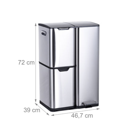 Coș de gunoi, 3 compartimente, 60 l, oțel inoxidabil