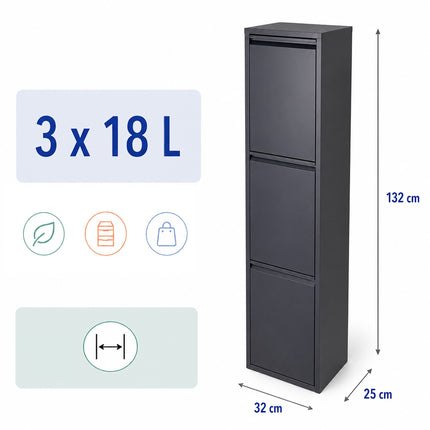 Waste Separation Bin 3 x 18 l with Tilt Function, Anthracite, Wall-Mountable