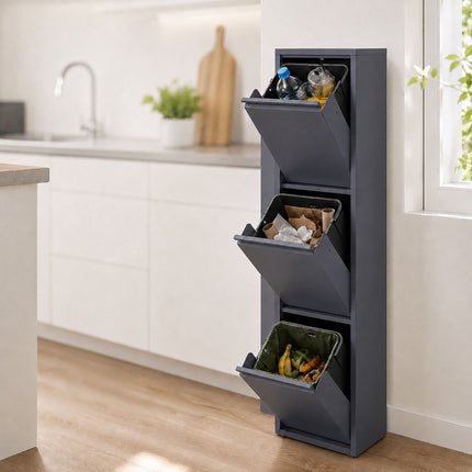 Waste Separation Bin 3 x 18 l with Tilt Function, Anthracite, Wall-Mountable