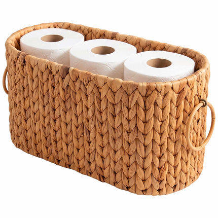 Water Hyacinth Toilet Roll Holder for 6 Rolls, Oval, Side Handles, Natural