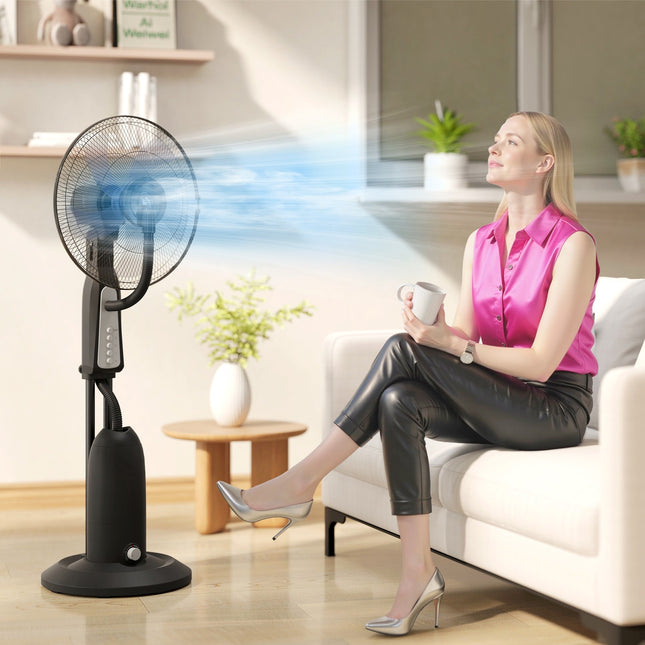 Ventilator de racire cu apa, ventilator pe piedestal cu pulverizare reglabila, 3 viteze, rezervor de apa 3 L, oscilant 75°, ventilator de apa 90 W cu roti, 125 cm |