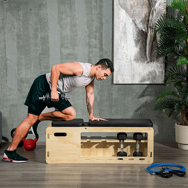Adjustable weight bench with storage box, resistance band