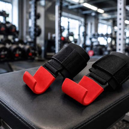 Weightlifting Wrist Hooks Set of 2, Neoprene Padding, Black/Red, 150 kg