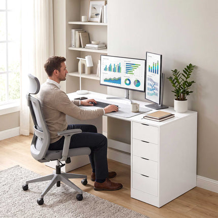Birou alb cu 8 sertare, 140 cm – Spațiu de depozitare modern pentru birou