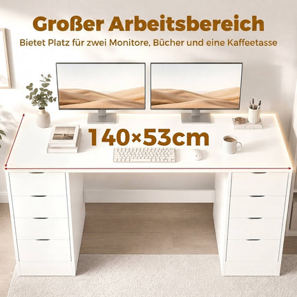 Birou alb cu 8 sertare, 140 cm – Spațiu de depozitare modern pentru birou