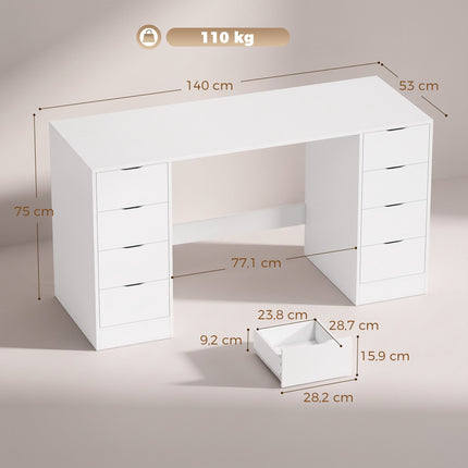 Birou alb cu 8 sertare, 140 cm – Spațiu de depozitare modern pentru birou