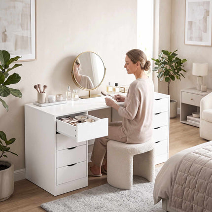 Birou alb cu 8 sertare, 140 cm – Spațiu de depozitare modern pentru birou
