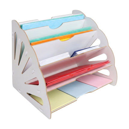 Organizator de birou din MDF alb cu 5 sloturi unghiulare
