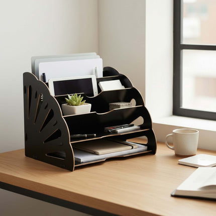 Organizator de birou din MDF alb cu 5 sloturi unghiulare