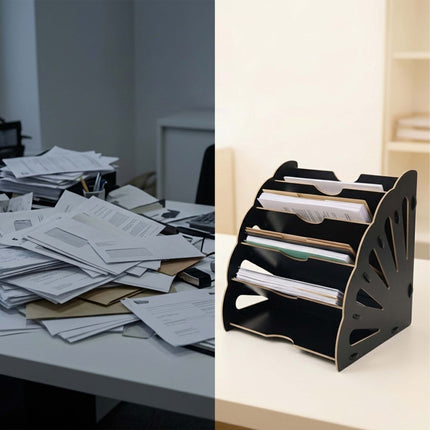 Organizator de birou din MDF alb cu 5 sloturi unghiulare