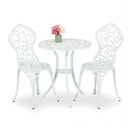 Set Bistro din Metal Alb – Masă și 2 Scaune, Model Frunze