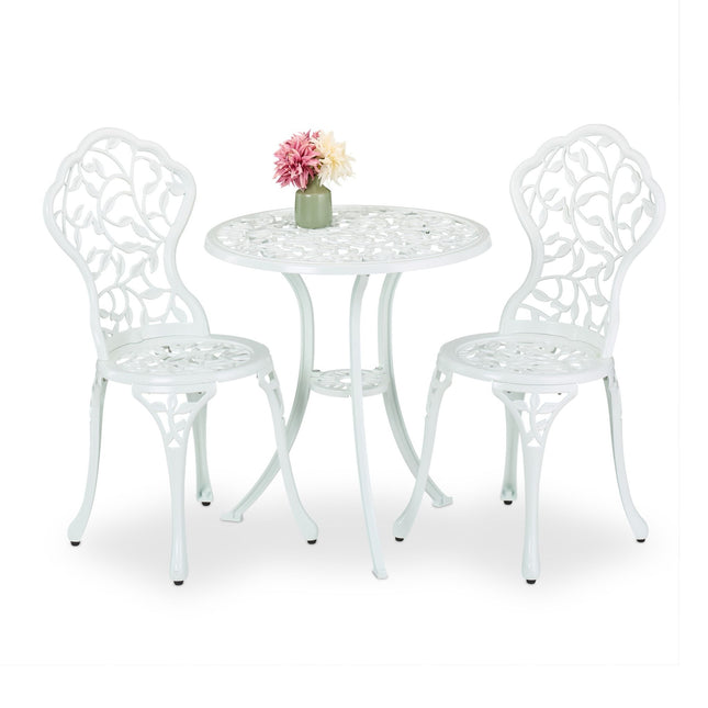 Set Bistro din Metal Alb – Masă și 2 Scaune, Model Frunze