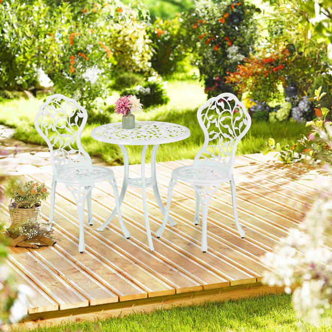 Set Bistro din Metal Alb – Masă și 2 Scaune, Model Frunze
