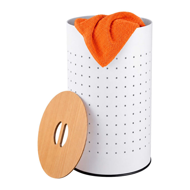 Coș de rufe din metal alb cu capac din lemn, capacitate 50 l