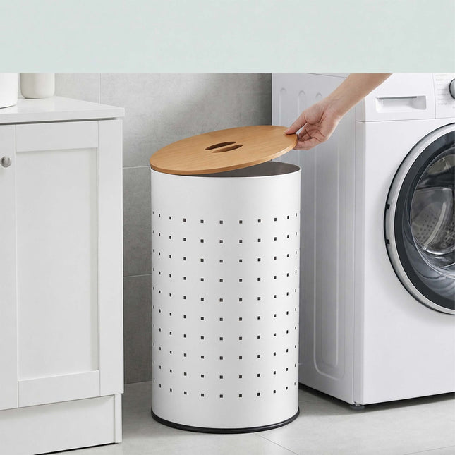 Coș de rufe din metal alb cu capac din lemn, capacitate 50 l