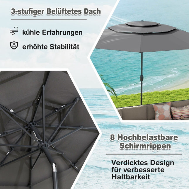 Umbrelă de terasă rezistentă la vânt, 300 cm, înclinare cu manivelă, gri