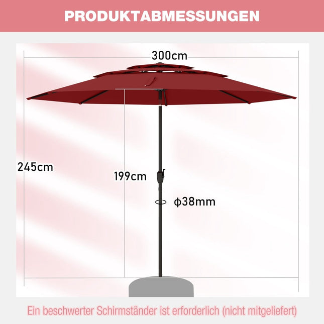 Umbrelă de terasă rezistentă la vânt, 300 cm, înclinabilă și cu manivelă, roșie