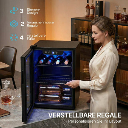 Wine Cooler 16 Bottles 48 L with Glass Door and LED Light, 4-16°C, Black