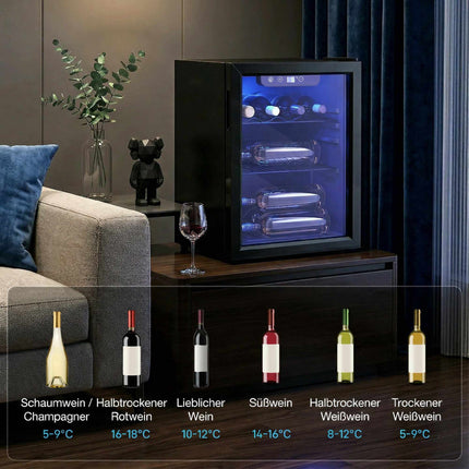 Wine Cooler 16 Bottles 48 L with Glass Door and LED Light, 4-16°C, Black
