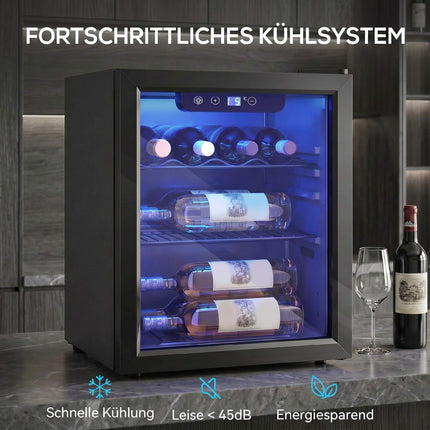 Wine Cooler 16 Bottles 48 L with Glass Door and LED Light, 4-16°C, Black