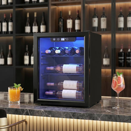 Wine Cooler 16 Bottles 48 L with Glass Door and LED Light, 4-16°C, Black
