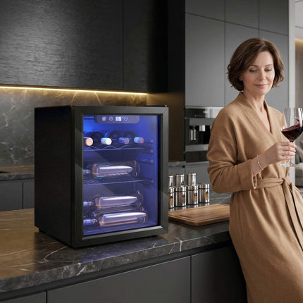 Wine Cooler 16 Bottles 48 L with Glass Door and LED Light, 4-16°C, Black