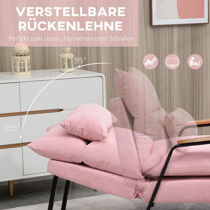 Wing chair with stool, tilting backrest, pink upholstery