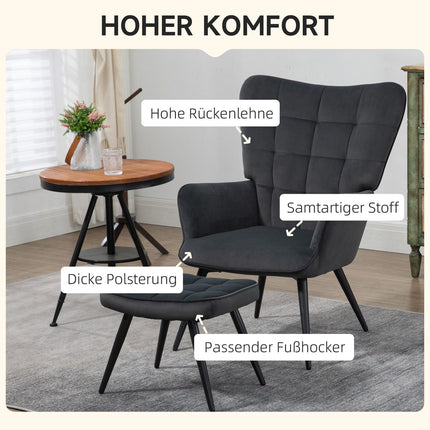 Dark gray wing chair and stool in velvet appearance, 120 kg capacity
