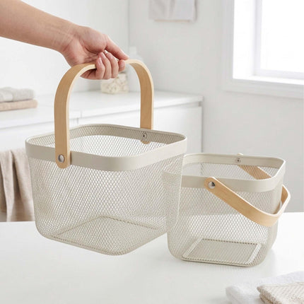 Wire Storage Baskets with Bamboo Handles, Set of 2, Beige