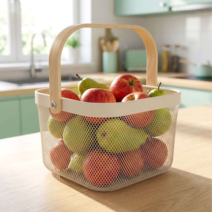Wire Storage Baskets with Bamboo Handles, Set of 2, Beige