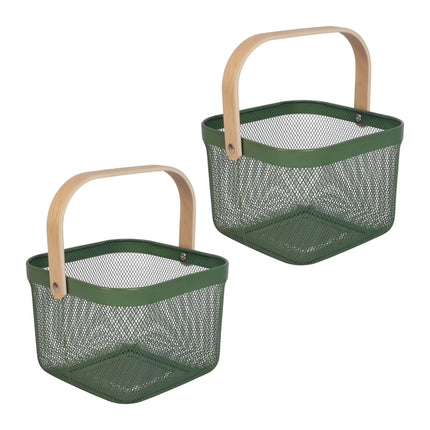 Wire Storage Baskets with Bamboo Handles, Set of 2, Green