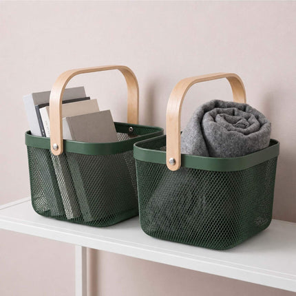 Wire Storage Baskets with Bamboo Handles, Set of 2, Green