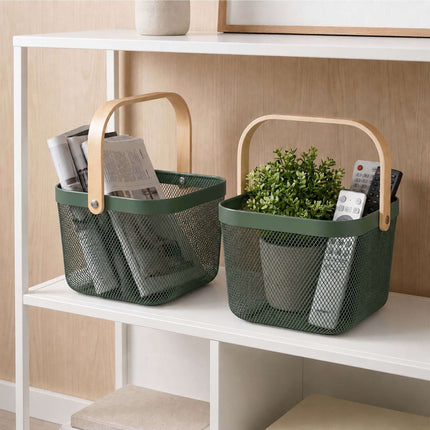 Wire Storage Baskets with Bamboo Handles, Set of 2, Green
