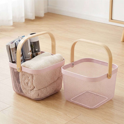 Wire Storage Baskets with Bamboo Handles, Set of 2, Pink